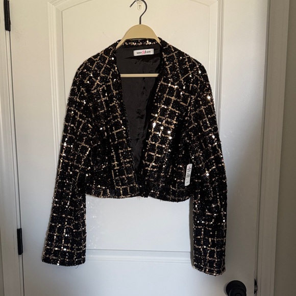 Chic Black and Gold Sequin Christmas Party or Saints Game Jacket - Picture 1 of 7